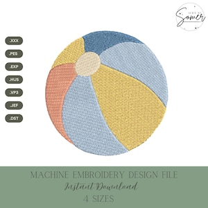 Può includere: Un file di design per ricamo a macchina con un pallone da spiaggia nei toni del blu, giallo e pesca. Il design include il testo "MACHINE EMBROIDERY DESIGN FILE Instant Download 4 SIZES".