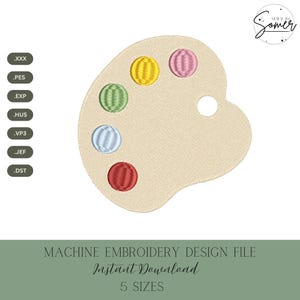Könnte beinhalten: Ein gesticktes Design einer Malerpalette mit sechs farbigen Farbkreisen. Die Palette ist beige und die Farben sind gelb, rosa, grün, blau und rot. Der Text "MACHINE EMBROIDERY DESIGN FILE" und "Instant Download" stehen darunter.