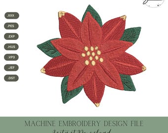 Może przedstawiać: Plik projektu haftu maszynowego z kwiatem poinsecji. Kwiat ma czerwone płatki ze złotymi końcówkami i zielone liście. Projekt zawiera tekst "MACHINE EMBROIDERY DESIGN FILE" i "Instant Download".