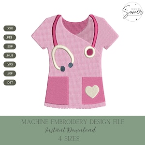 Könnte beinhalten: Rosa Maschinenstickdatei eines medizinischen Scrub-Tops mit Stethoskop. Das Scrub-Top hat zwei Taschen und ein Herzdesign. Der Text auf dem Bild lautet "MACHINE EMBROIDERY DESIGN FILE Instant Download 4 SIZES".