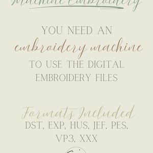 K&ouml;nnte beinhalten: Cremefarbene Grafik mit Text &uuml;ber Maschinenstickerei. Der Text lautet "Machine Embroidery", "Sie ben&ouml;tigen eine Stickmaschine, um die digitalen Stickdateien zu verwenden" und "Formate enthalten: DST, EXP, HUS, JEF, PES, VP3, XXX".