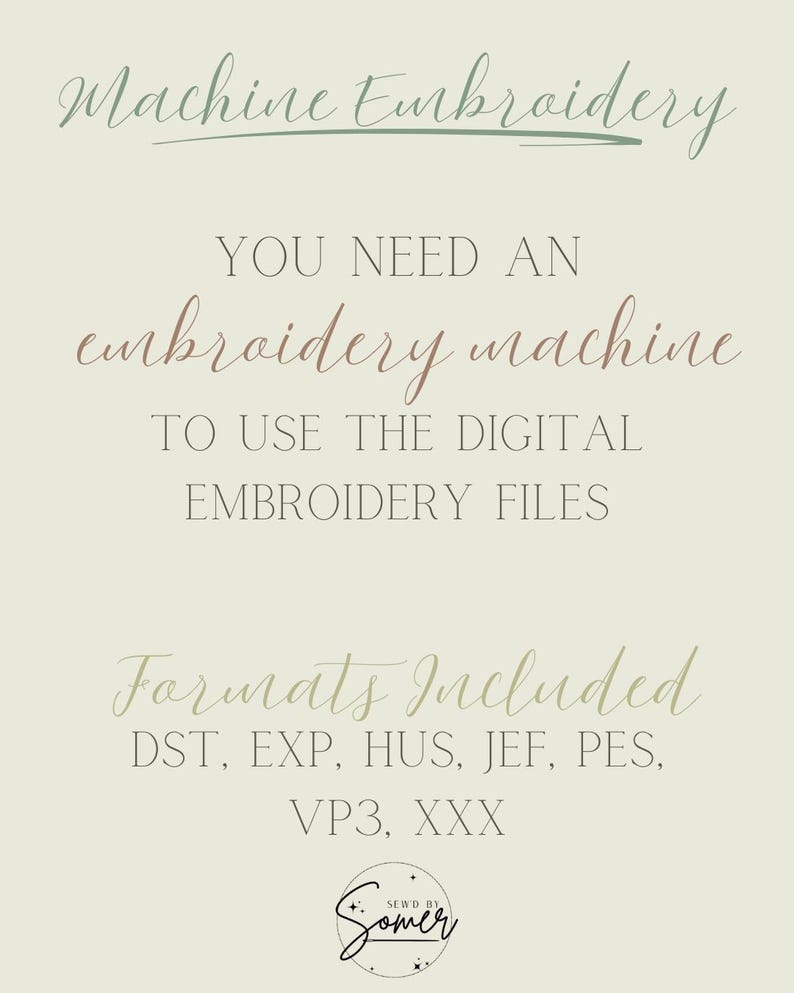 K&ouml;nnte beinhalten: Cremefarbene Grafik mit Text &uuml;ber Maschinenstickerei. Der Text lautet "Machine Embroidery", "Sie ben&ouml;tigen eine Stickmaschine, um die digitalen Stickdateien zu verwenden" und "Formate enthalten: DST, EXP, HUS, JEF, PES, VP3, XXX".