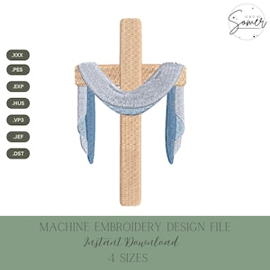 May include: An embroidered cross design with a light brown woven texture. A draped blue and white fabric is attached to the cross. The text "MACHINE EMBROIDERY DESIGN FILE Instant Download 4 SIZES" is at the bottom.