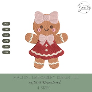 Può includere: Un disegno di ricamo a macchina di una ragazza di pan di zenzero. Il disegno presenta una figura di pan di zenzero marrone con un fiocco rosa, un vestito rosso e dettagli di glassa bianca. Il testo "MACHINE EMBROIDERY DESIGN FILE" e "Instant Download" sono visibili.