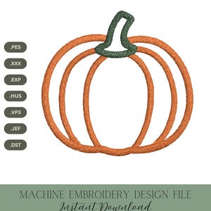 May include: An orange machine embroidery design of a pumpkin with a green stem. The design is a digital file available for instant download. The image text reads "MACHINE EMBROIDERY DESIGN FILE Instant Download 4 SIZES".