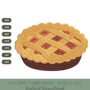 Puede incluir: Diseño bordado de una tarta con corteza de rejilla y detalles en forma de diamante. La tarta es de color marrón dorado con una corteza marrón oscuro. La imagen incluye el texto "MACHINE EMBROIDERY DESIGN FILE Instant Download 3 SIZES."