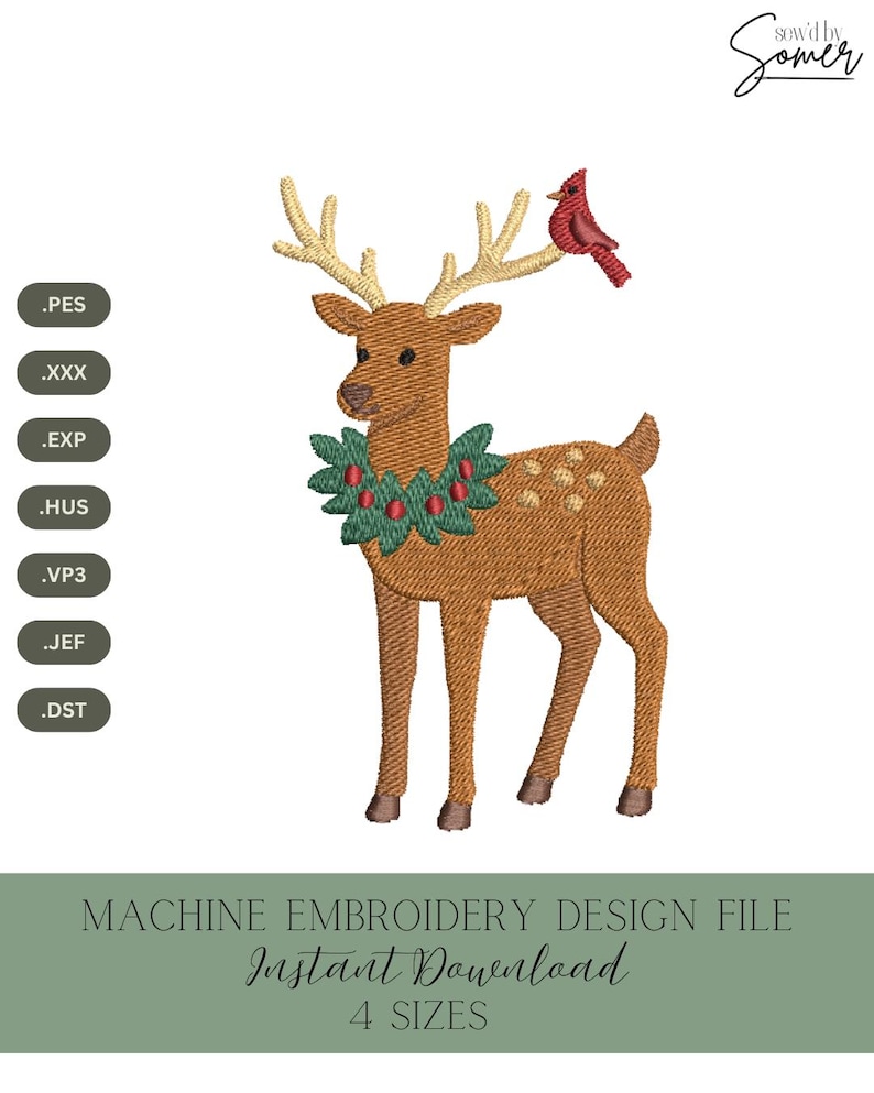 K&ouml;nnte beinhalten: Maschinenstickdesign-Datei mit einem braunen Hirsch mit einem gr&uuml;nen und roten Kranz und einem roten Kardinal. Das Design enth&auml;lt den Text "MACHINE EMBROIDERY DESIGN FILE Instant Download 4 SIZES".