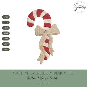 May include: Embroidered candy cane with red and white stripes, adorned with a beige bow. The design is a machine embroidery file, available for instant download in 5 sizes. The image also includes file type extensions.