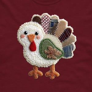 Può includere: T-shirt bordeaux con un motivo di tacchino colorato. Il tacchino ha un corpo bianco, un bargiglio rosso e piume patchwork. Il testo "MOCKUP ONLY" è stampato in basso sulla maglietta.