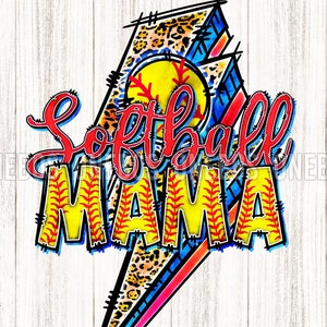 May include: A yellow and red softball with a lightning bolt design. The text "Softball Mama" is written in a bold, colorful font.