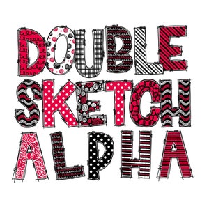 Dubbele Doodle PNG Alfabet Bundel | 2 volledige alfabetten en cijfersets | Schets patronen | Handgetekende Doodle Lettertype, Strepen Polka Dots Chevron