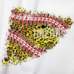 May include: A baseball design featuring a leopard print pattern in yellow and black. The baseball has red stitching and the word "ONE" is visible. The design is set against a white backdrop.