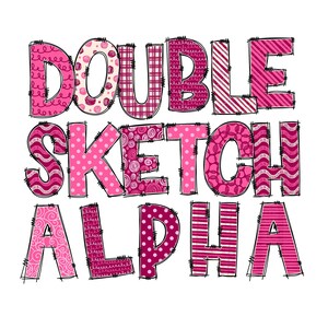 Doodle duplo, Boho Valentine's Romantic Pink Red, listras de preenchimento de esboço, redemoinhos, pontos, fonte desenhada à mão, letras e números padrão, corante