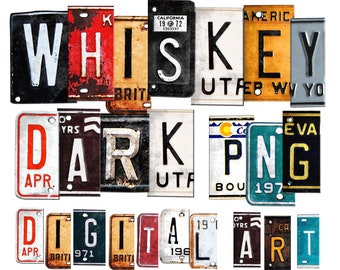 Digital Download | License Plate Whiskey Dark Bundle of PNG Graphic Letters & Numbers | Alphabet  Clipart Bundle