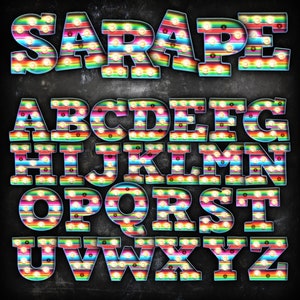 Descarga digital / Letras y números de marquesina de sarape informal / Paquete de imágenes PNG con gráficos de imágenes prediseñadas / Arte del alfabeto para sublimación