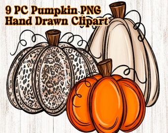 Pumpkin Clipart, Hand Drawn Pumpkin Trio Elements, Beige Orange Leopard Pumpkins, 9 pc Bundle, Curlies, Sublimation Print, Background Stock