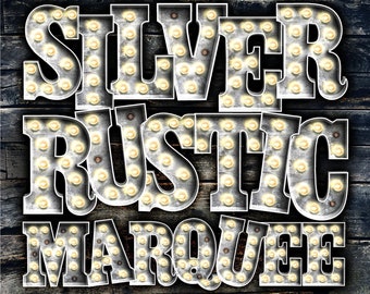 Digital Download | Silver Classic Rustic Marquee Letters & Numbers | PNG Image Graphic Clipart Bundle Set | Alphabet Art for Sublimation