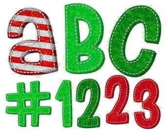 Digital Download | Felt Fuzzy Fringe in Christmas Mix of Red, Green, Candy Cane Stripes | PNG Clipart Bundle | Decorative Letters & Numbers