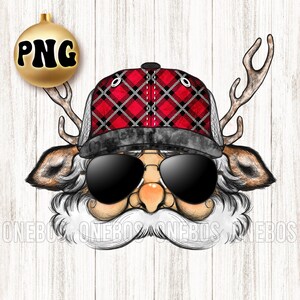 Papai Noel PNG, caminhoneiro cabeça de Papai Noel com chapéu xadrez, chifres e orelhas de rena, corte de meio rosto com óculos, gráfico digital para impressão, sublimação