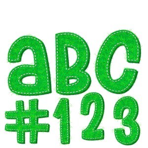 Descarga digital / Parche de fleco difuso de fieltro en verde / PNG Clipart Bundle / Letras y números decorativos conjunto con puntos de sutura