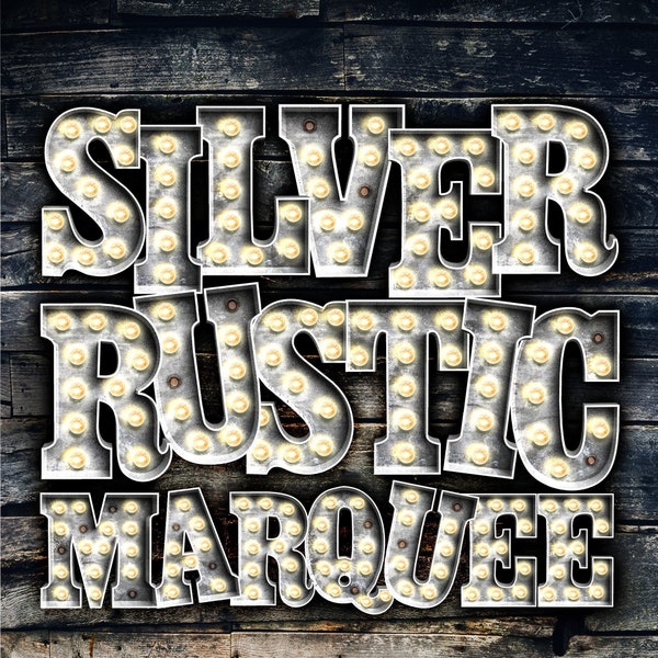 Digital Download | Silver Classic Rustic Marquee Letters & Numbers | PNG Image Graphic Clipart Bundle Set | Alphabet Art for Sublimation