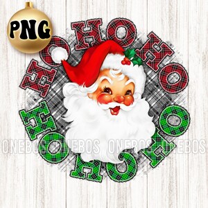 Diseño Digital / Ho Ho Ho / Navidad Santa PNG Cutie con Fondo a Cuadros, Letras Gingham Doodle / Sublimación, Impresiones, DTG, Regalo