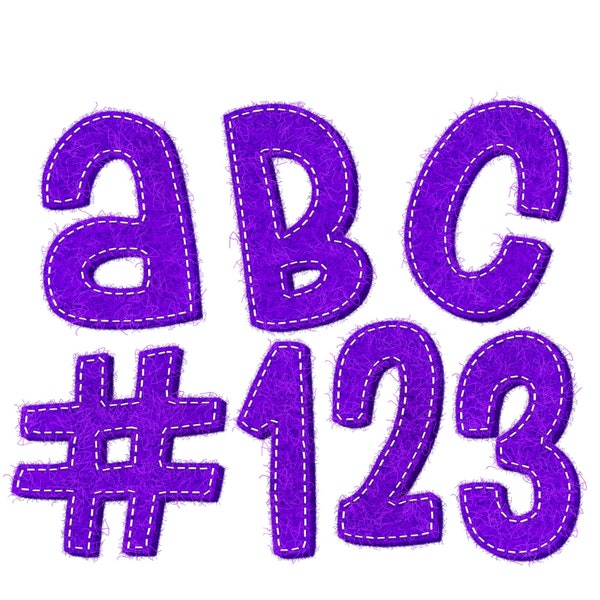 Digital Download | Patch Felt Fuzzy Fringe in Purple with Stitch Accents | PNG Clipart Bundle | Crafty Decorative Letters & Numbers Set