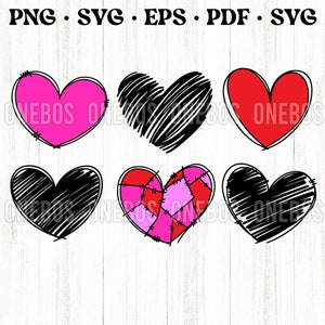 Doodle Hearts SVG, PNG, archivos de corte de imágenes prediseñadas y diseño, boceto dibujado a mano relleno Patchwork Patchy Valentine's SVG, sublimación, impresión