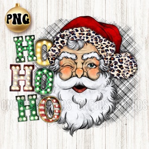HO HO HO Digital | Cabeça de papai noel com letras letreiros, leopardo fuzz, fundo xadrez | Design de Natal pronto para impressão e sublimação