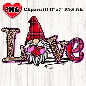 Valentines LOVE Gnome / Clipart para Sublimación, Impresión, DTG / Lindo, Doodle Carta de Amor Gnomo con Corazón / Estampados de Patrones de Plaid y Leopard
