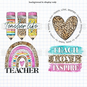 Teacher PNG Bundle Set, Teach Love Inspire clipart con matite acquerello, arcobaleno, cuore, pennellate, stampa leopardata, strisce, floreale
