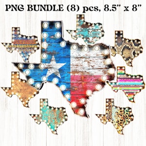 May include: A set of eight 8.5" x 8" digital clipart images of the state of Texas. Each image features a different design, including a distressed wood look, a colorful patterned design, and a snake skin pattern. The images are perfect for crafting projects, scrapbooking, and more.