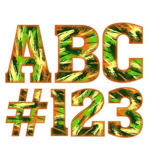 Descarga digital / Chunky Camo Orange Green Splash Splatter Hunting Pattern Fill / PNG Clipart Bundle Alphabet Pack / Letras y números