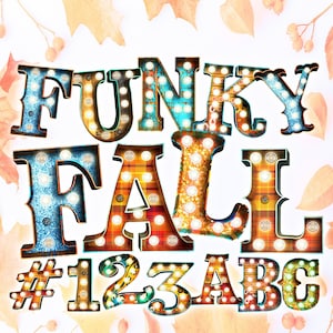 Descarga digital NUEVO Funky Fall Pattern Glittery Letter Lights Marquee Number PNG Clipart Bundle