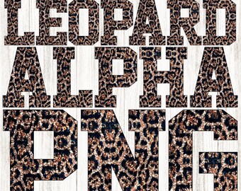 May include: Leopard print letters spelling out "LEOPARD ALPHA PNG" in black with a gold glitter background.