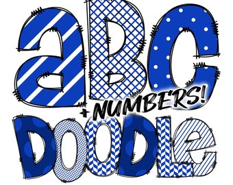 Digital Download | Doodle Royal Blue and White Pattern Fill | PNG Clipart Bundle Alphabet Pack | Letters and Numbers