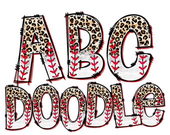 Baseball Letters PNG with Leopard and Baseball Stitching Background Pattern Fills, Sports Theme Clipart Alphabet Font for Digital Download
