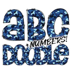 Descarga digital / Doodle Blue Camouflage Pattern Fill / PNG Clipart Bundle Alphabet Pack / Letras y números