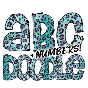 Download digital | Preenchimento azul roxo do padrão do impressão do leopardo | Pacote de alfabeto de pacote de clipart PNG | Letras e números