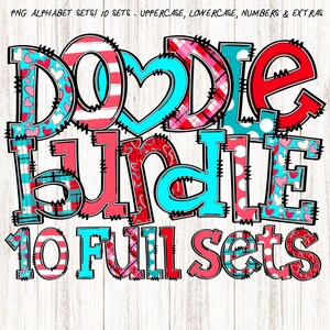 May include: A graphic design image of the words "Doodle Bundle 10 Full Sets" in a colorful, patchwork style with hearts, polka dots, and plaid patterns. The letters are outlined in black and have a stitched look.