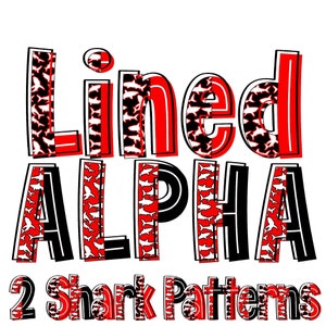 Shark pattern alphabet, red black & white, school mascot colors, lined inline monoline, half split alphabet, cartoon bubble funky art
