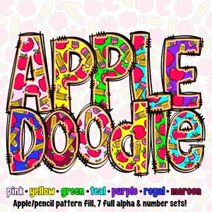 Back to School Doodle Letters, Pencil Apple Pattern Alphabet Bundle, 7 colors, Cute Colorful Fun, School Classroom Kindergarten Sublimation