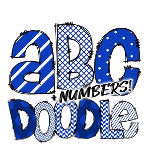 Descarga digital / Doodle Royal Blue and White Pattern Fill / PNG Clipart Bundle Alphabet Pack / Letras y números