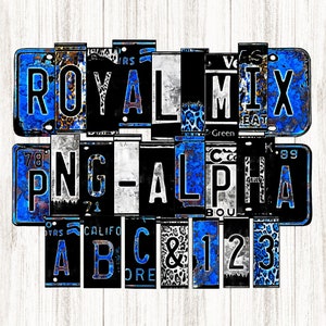 Alfabeto de matrícula azul real, mezclar letras de coincidencia, impresión de leopardo grunge, sublimación de imágenes prediseñadas, constructor de palabras, números de letras rústicas, impresión