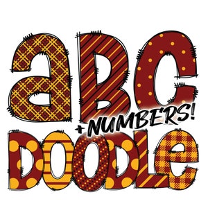 Download digital | Doodle preenchimento de padrão vermelho e amarelo | Pacote de alfabeto de pacote de clipart PNG | Letras e números