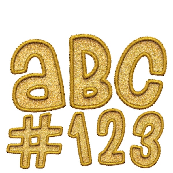 Digital Download | Gold Glitter Faux Patch-Style Applique With Embroidered Outline | PNG Clipart Bundle | Decorative Letters & Numbers Set