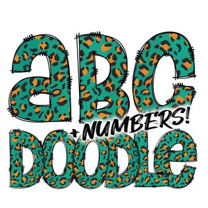 Descarga digital / Doodle Teal Leopard Pattern Fill / PNG Clipart Bundle Alphabet Pack / Letras y números