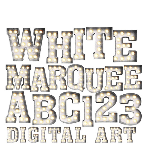 Digital PNG Letters | White Grey Rustic Marquee Letters & Numbers | Image Graphic Bundle | Alphabet Art for Sublimation