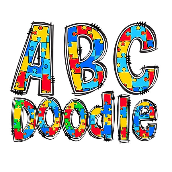 Puzzle pièce motif Doodle lettres, pack PNG Alpha, Doodle alphabets, impression par sublimation en téléchargement numérique, couleurs primaires