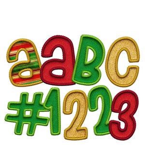 May include: A set of colourful felt letters and numbers, including the letters "a, b, c" and the numbers "#123". The letters are in red, green, and gold, while the numbers are in green, gold, and red.